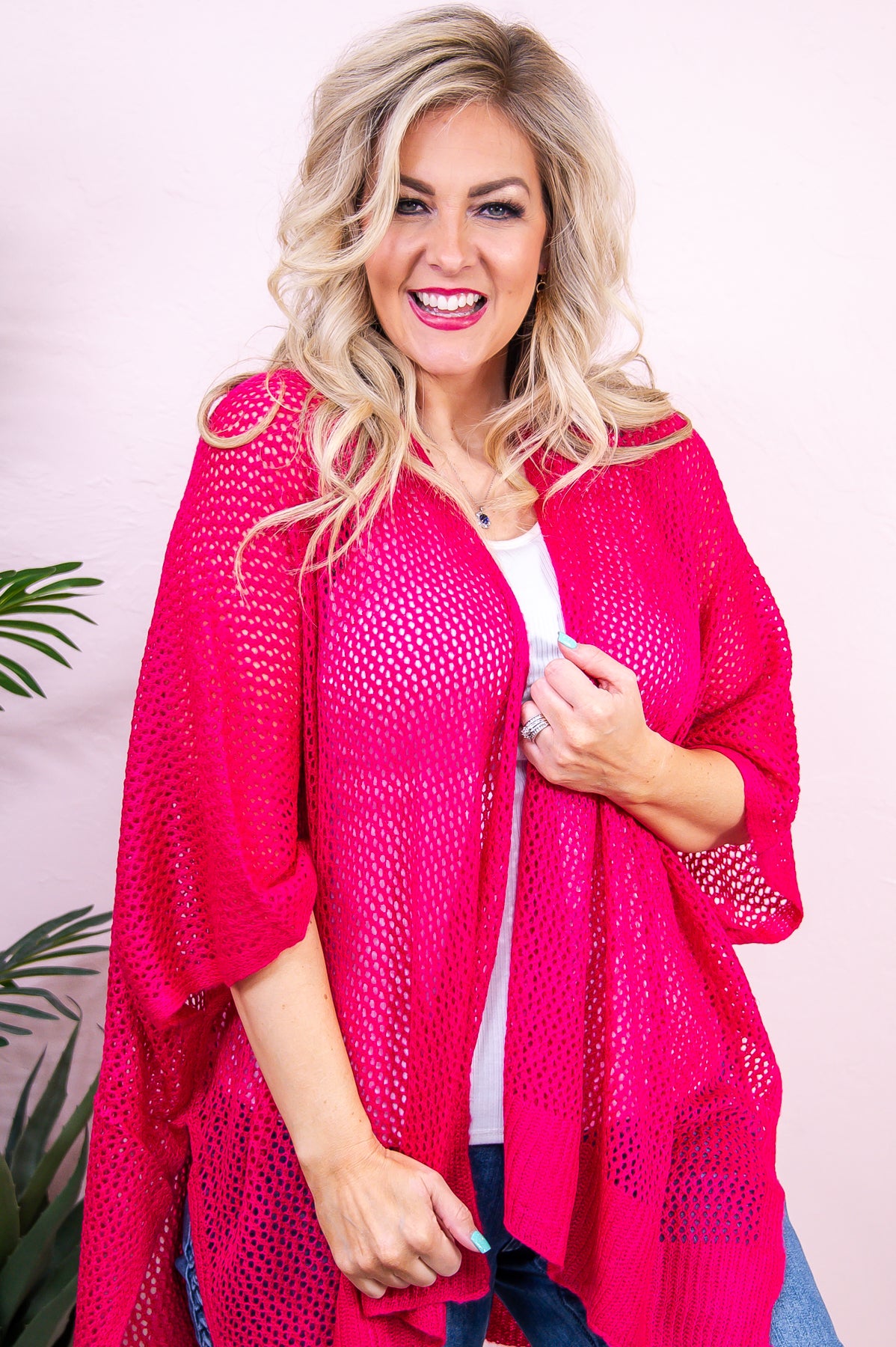 Beach Therapy Hot Pink Solid Knitted Asymmetrical Kimono (One Size 4-18) - O5412HPK