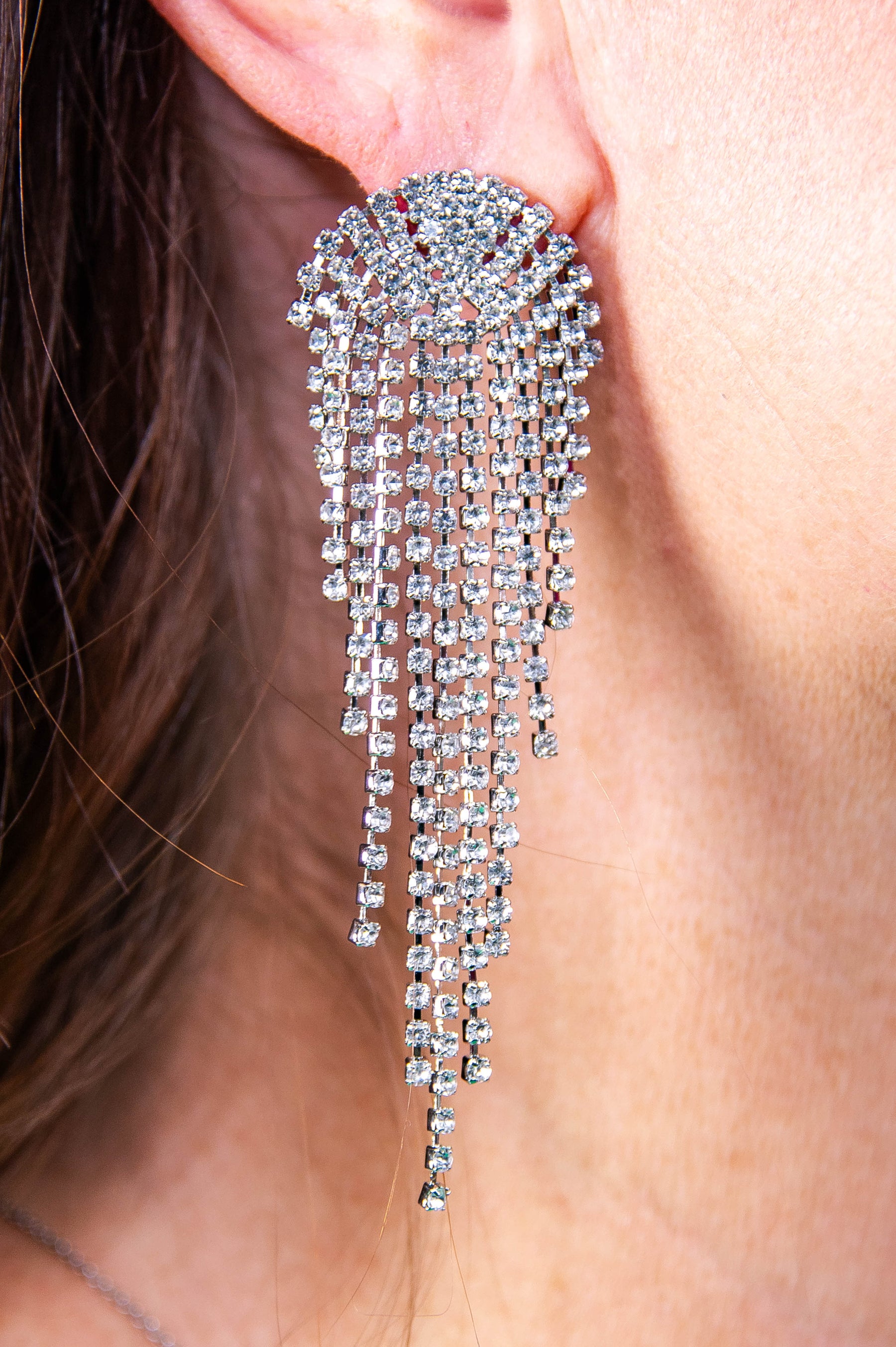 Silver Draped Crystal Rhinestone Earrings - EAR4476SI