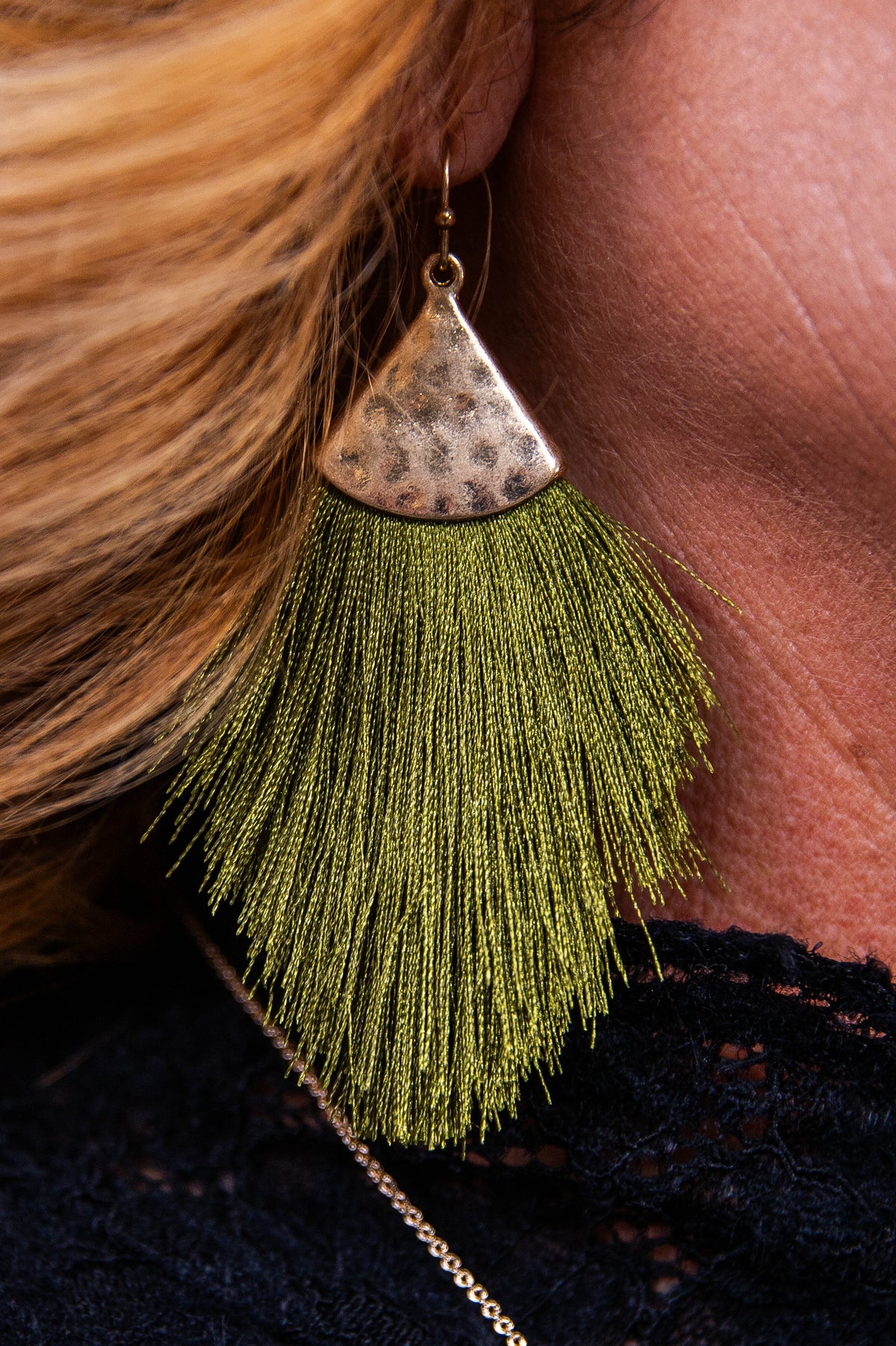Olive/Gold Hammered Fringe Tassel Earrings - EAR4355OL