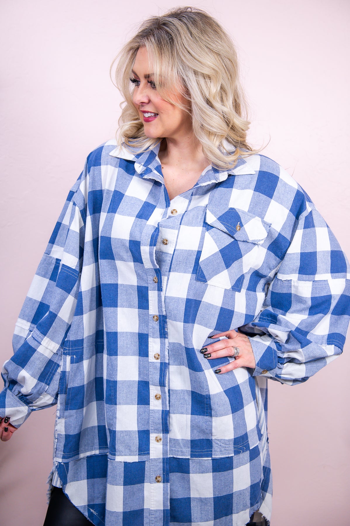 Checkmate Your Style Game Denim Blue/Ivory Checkered/Striped Tunic - T8708DBL