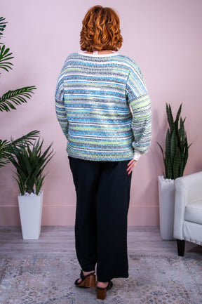 Classy Yet Comfy Neon Green/Multi Color Striped Knitted Top - T10328NGN