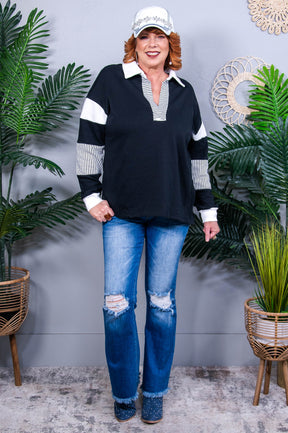 Set On Success Black Striped Sweatshirt Top - T11004BK
