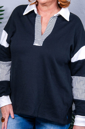 Set On Success Black Striped Sweatshirt Top - T11004BK