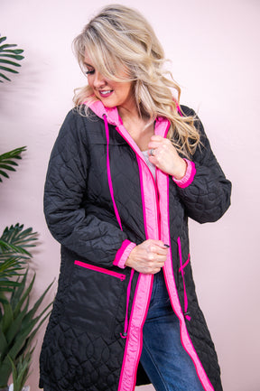 Conquer The Cold Black/Light Pink/Hot Pink Quilted Long Jacket - O5231BK