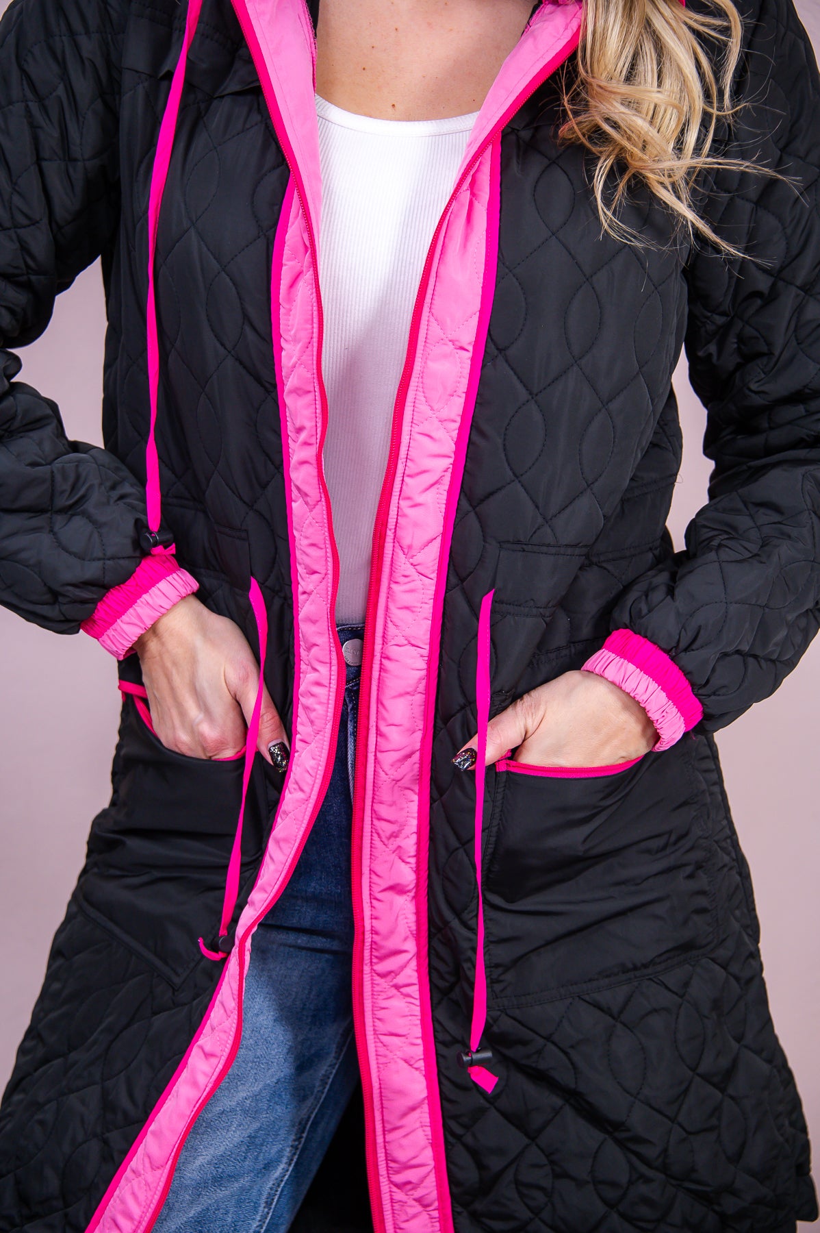Conquer The Cold Black/Light Pink/Hot Pink Quilted Long Jacket - O5231BK