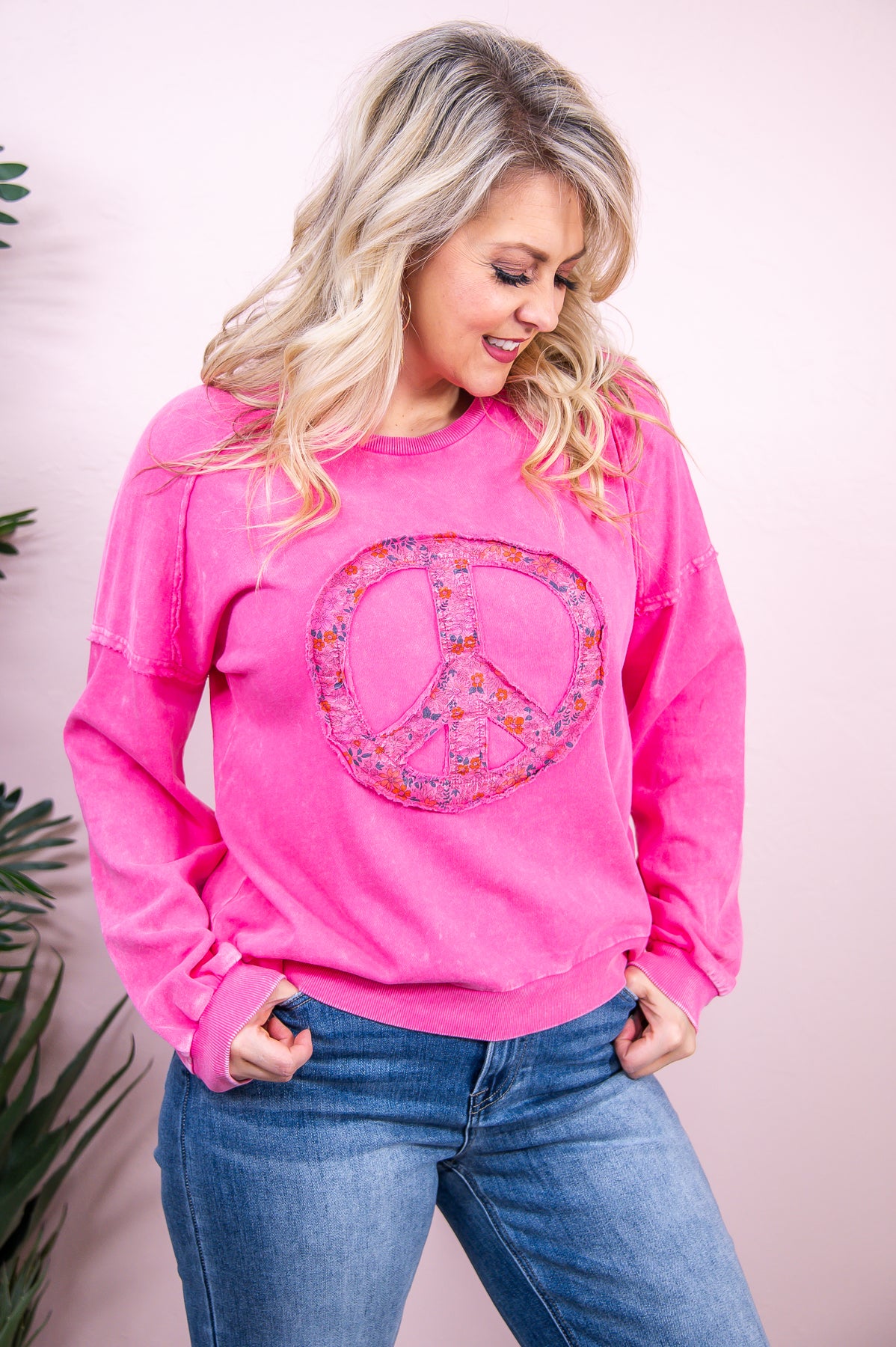 Hippie Chic Vintage Pink/Multi Color Peace Sign/Floral Top - T8721VPK