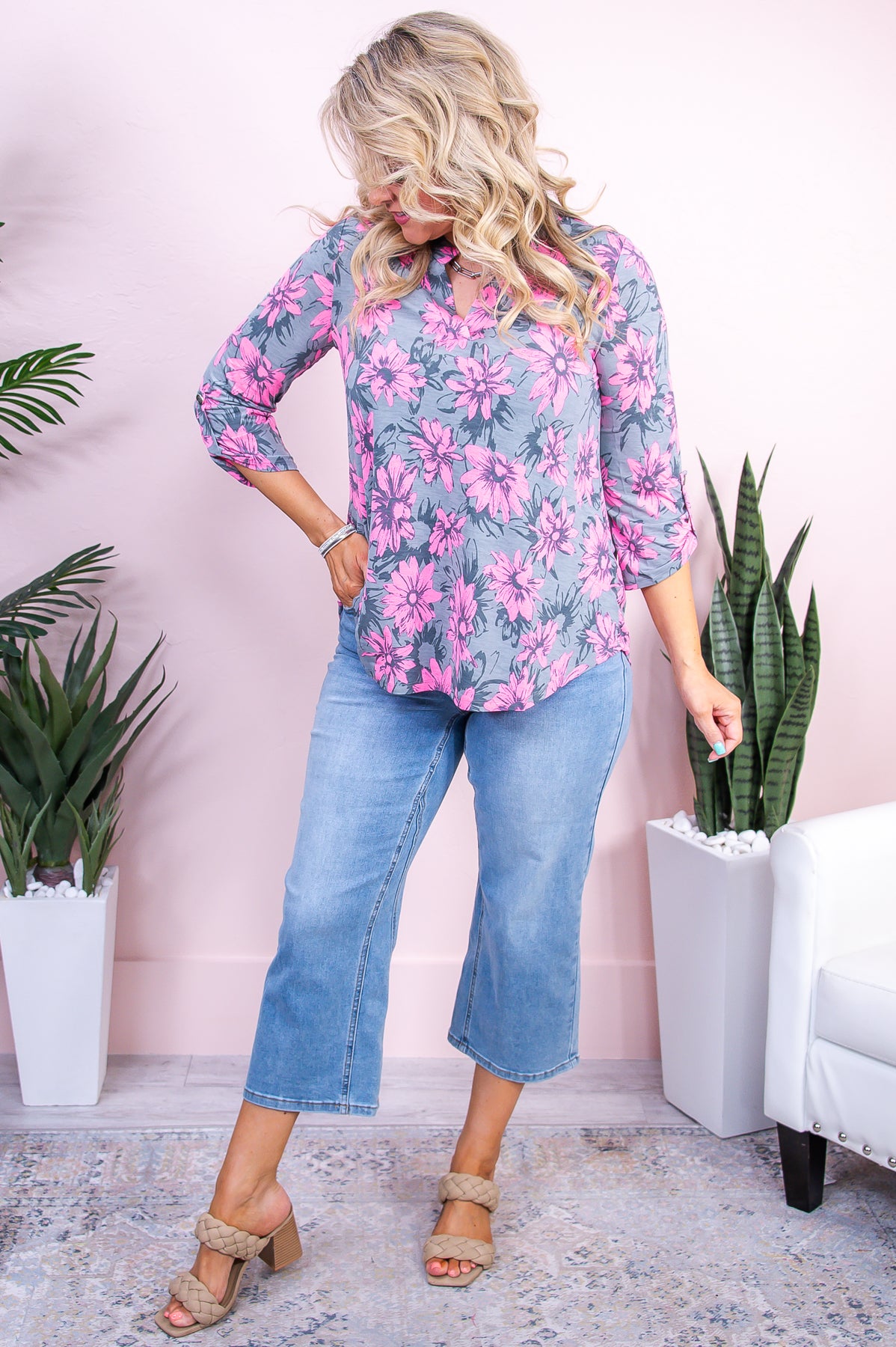 My Peace I Give to You Pink/Gray Floral Top - T9477PK