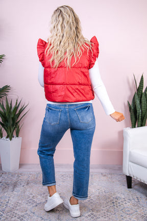 Let's Go To The Snow Brick Red Solid Puffer Vest - O5000BRD