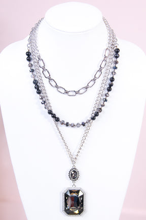 Black Chain Link Beaded Layered Pendant Necklace - NEK4330BK