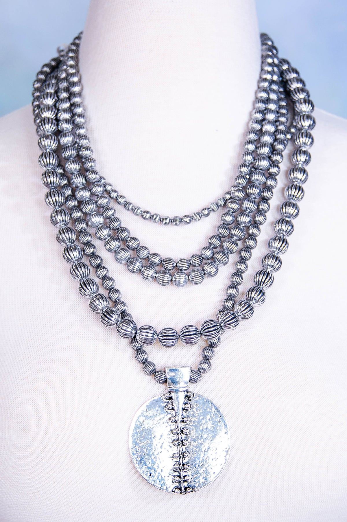 Silver Layered Beaded with Silver Pendant Necklace - NEK4408SI