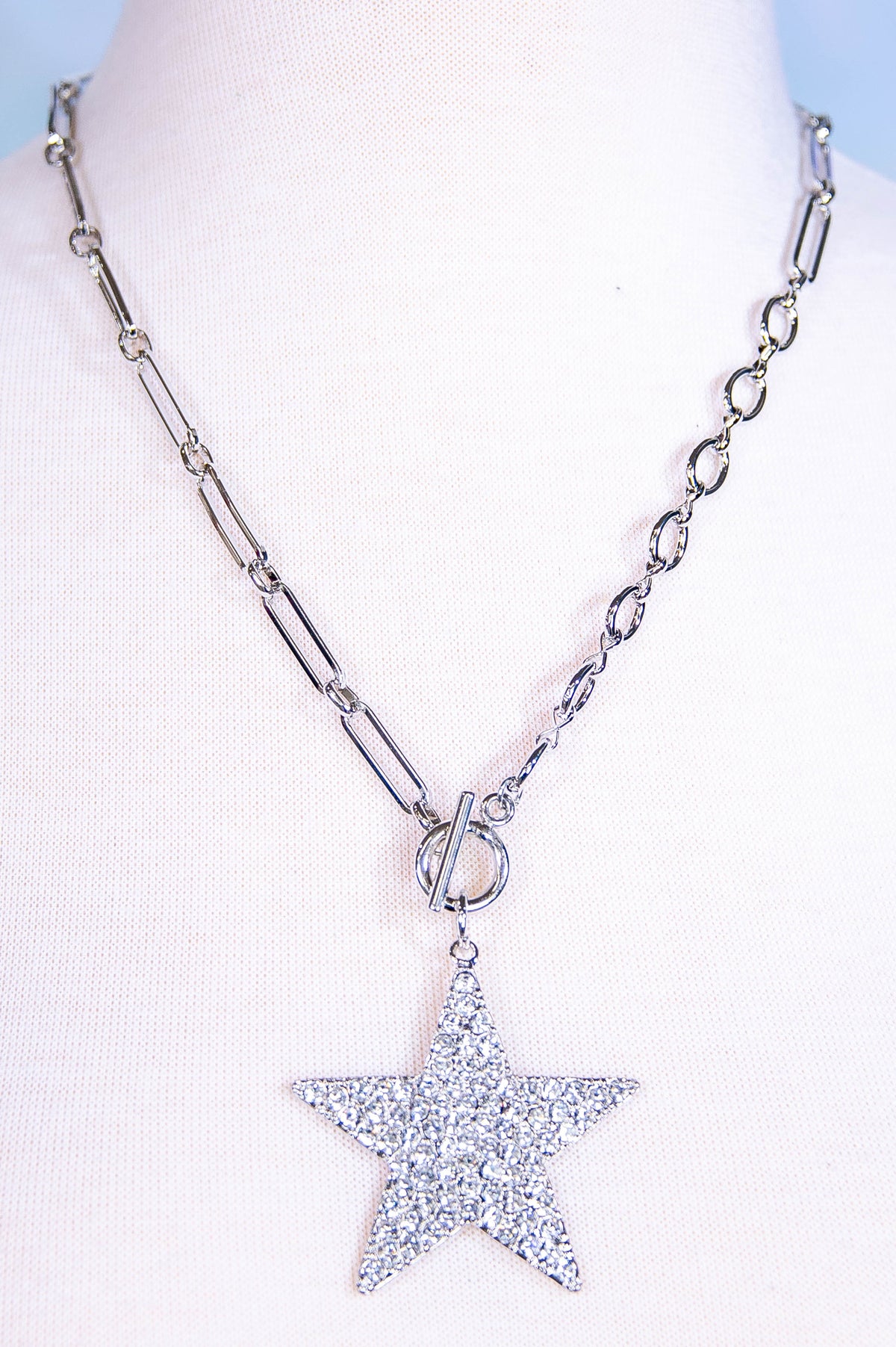 Silver Chain with Rhinestone Star Pendant Necklace - NEK4406SI