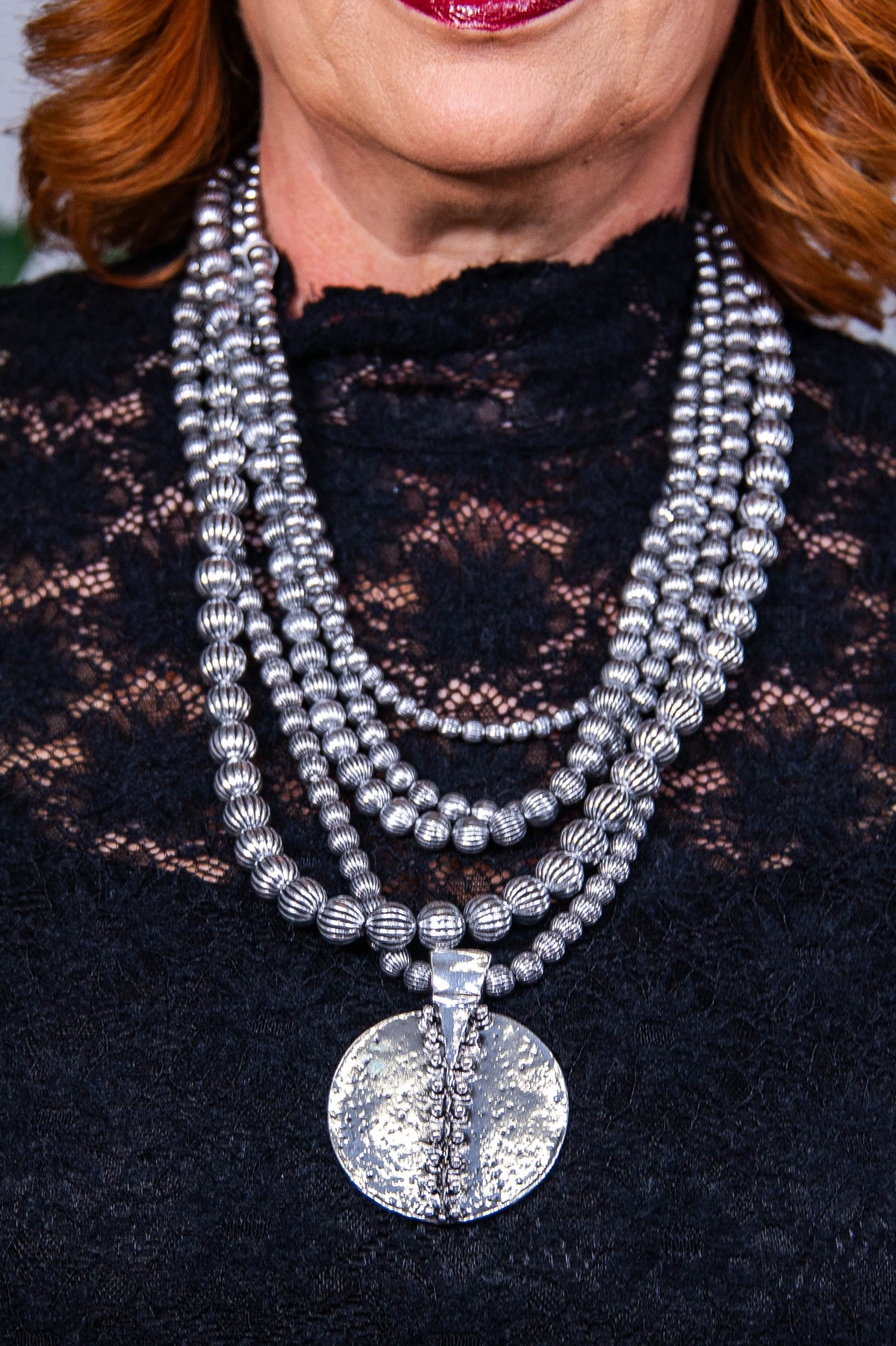 Silver Layered Beaded with Silver Pendant Necklace - NEK4408SI
