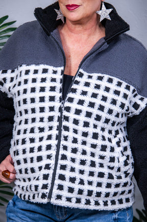 Checked Out Plaid Sherpa Ivory/Black Jacket- O5761IV