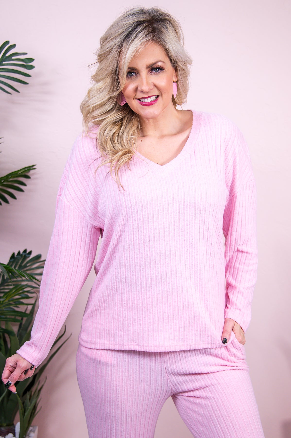 Lounging In Style Light Pink Solid Ribbed Top/Pant (2 Piece Set) - T8729LPK