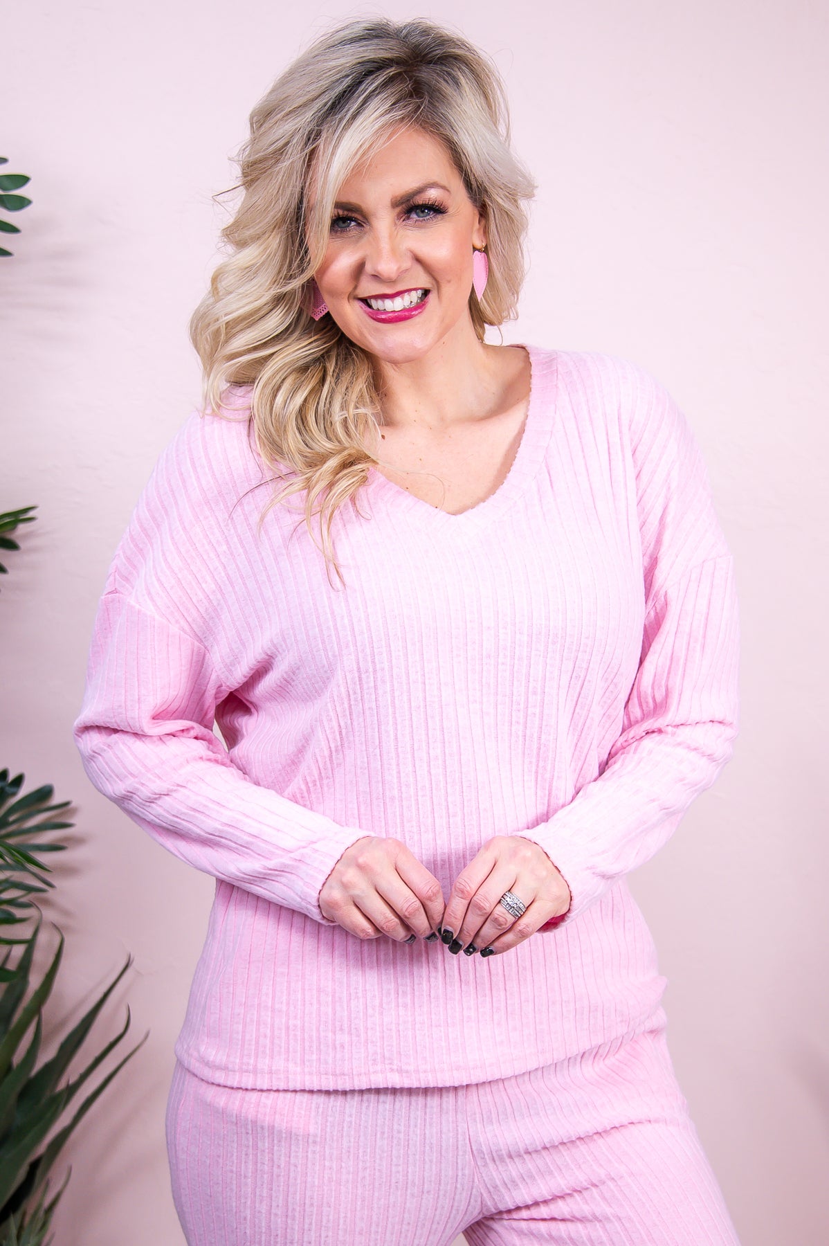 Lounging In Style Light Pink Solid Ribbed Top/Pant (2 Piece Set) - T8729LPK