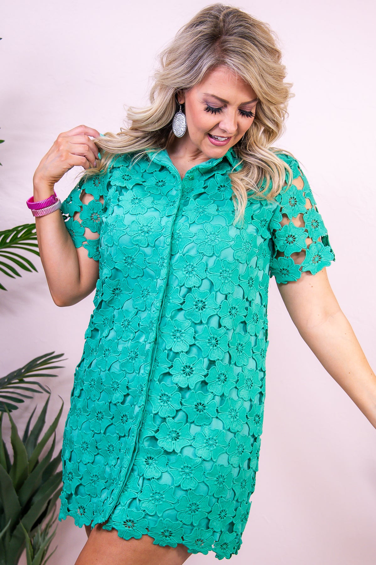 Sweet Pea Promises Emerald Green Solid Floral Embroidered Dress - D5280EGN