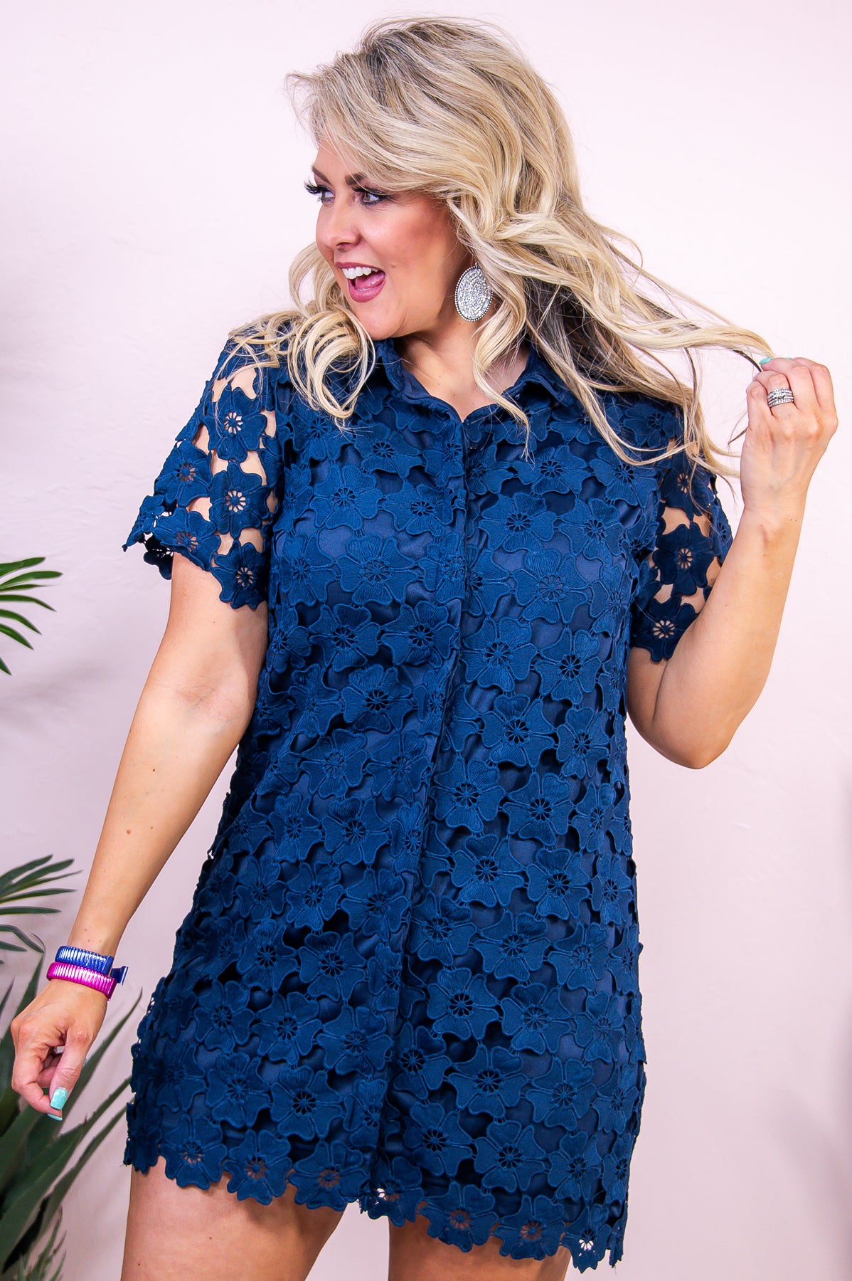 Sweet Pea Promises Navy Solid Floral Embroidered Dress - D5281NV
