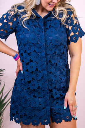 Sweet Pea Promises Navy Solid Floral Embroidered Dress - D5281NV