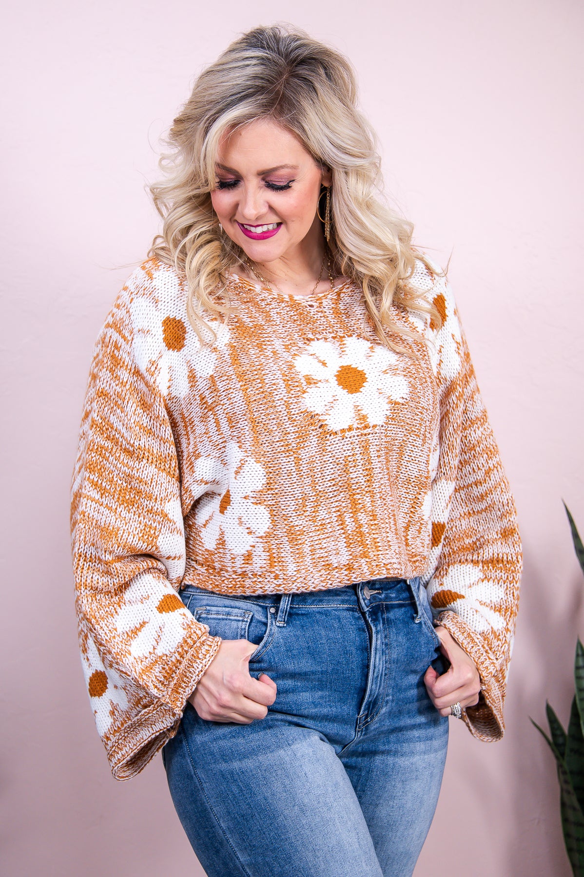 Sincerely Snuggly Camel/Ivory Floral Cropped Sweater Top - T8738CA