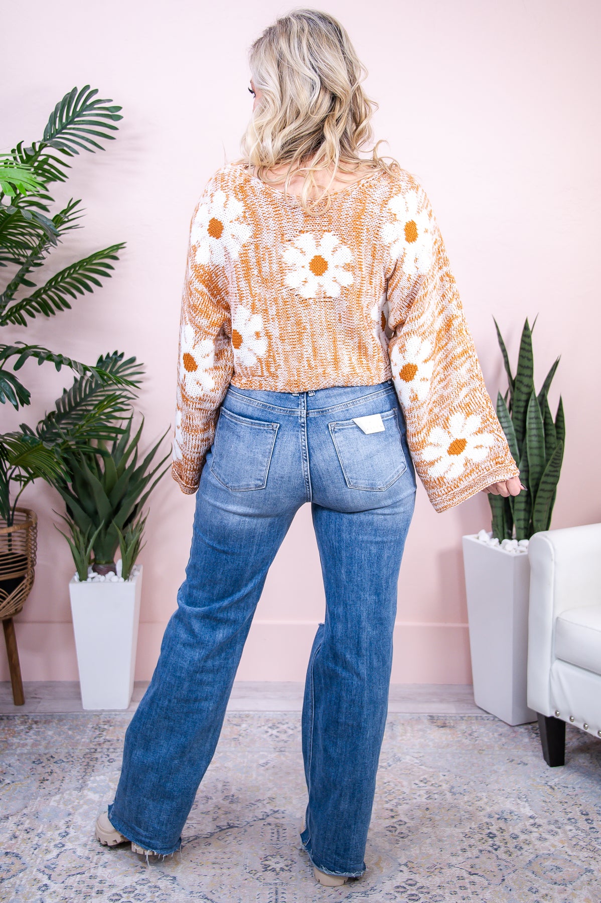 Sincerely Snuggly Camel/Ivory Floral Cropped Sweater Top - T8738CA