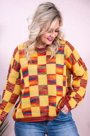 Switch It Up Mustard/Multi Color Checkered/Striped Sweater - T8736MU