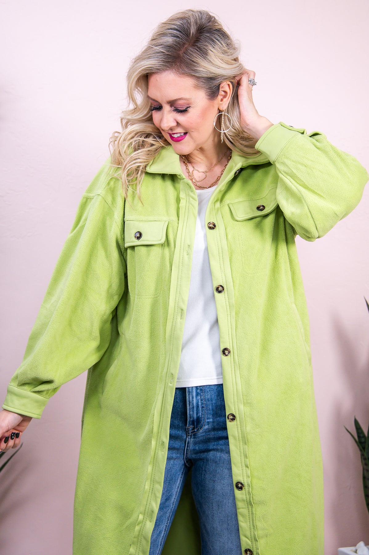 Leading The Way Dusty Lime Green Solid Long Jacket - O5248DLG