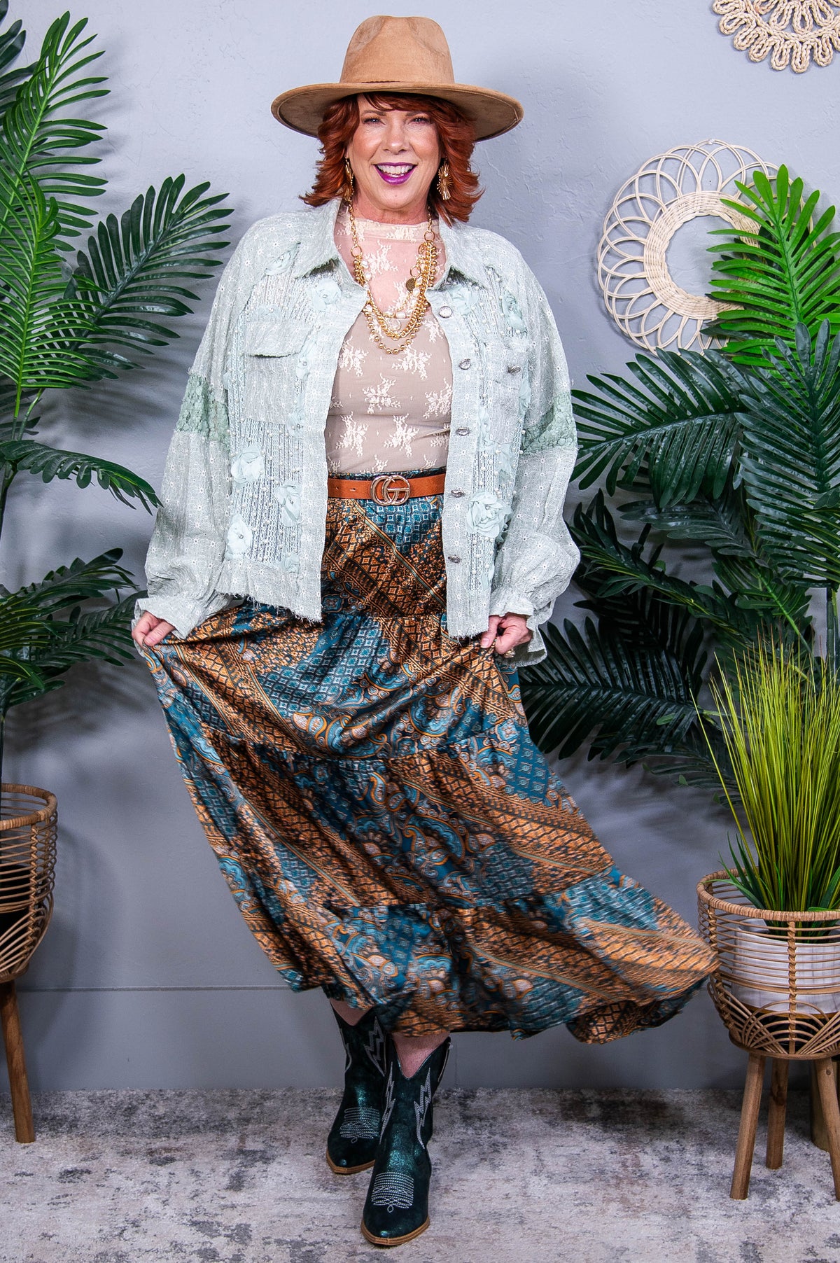 Flair For Skirts Teal Green Paisley Patchwork Satin Skirt - E1133TE