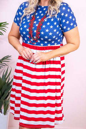 By Uniting We Stand Red/White/Blue American Flag Dress - D5292RD