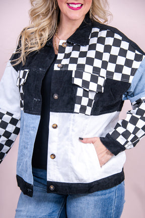 Check Her Style Out Black/White/Light Blue Checkered Corduroy/Denim Jacket - O5242BK