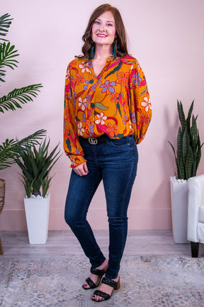 Style Statement Camel/Multi Color Floral Top - T10367CA
