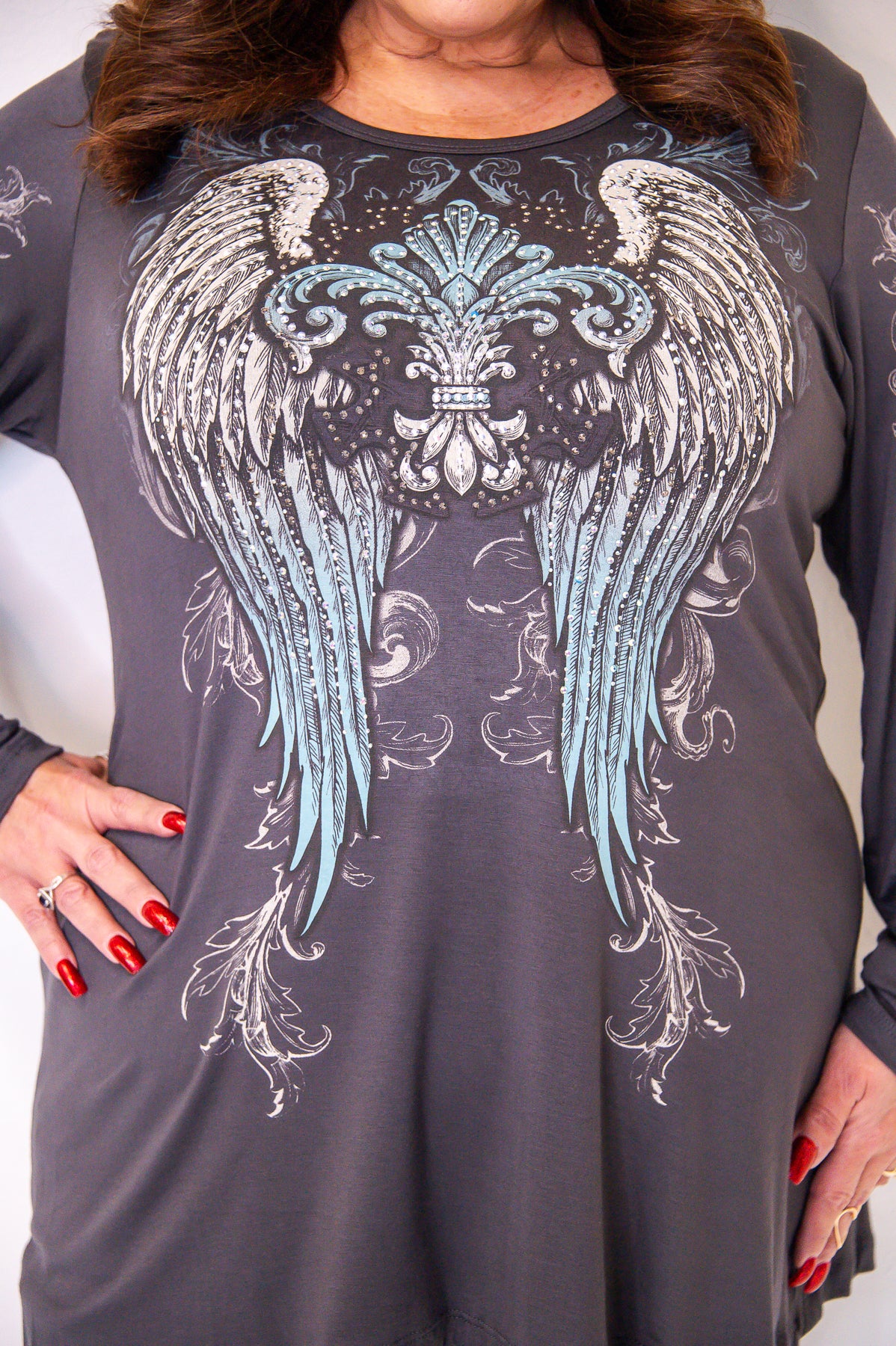 Spread Your Wings Charcoal/Light Blue Bling Angel Wings Top - T8741CH