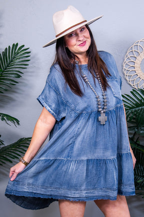 Denim Rush Washed Chambray Denim Oversized Tier Mini Dress