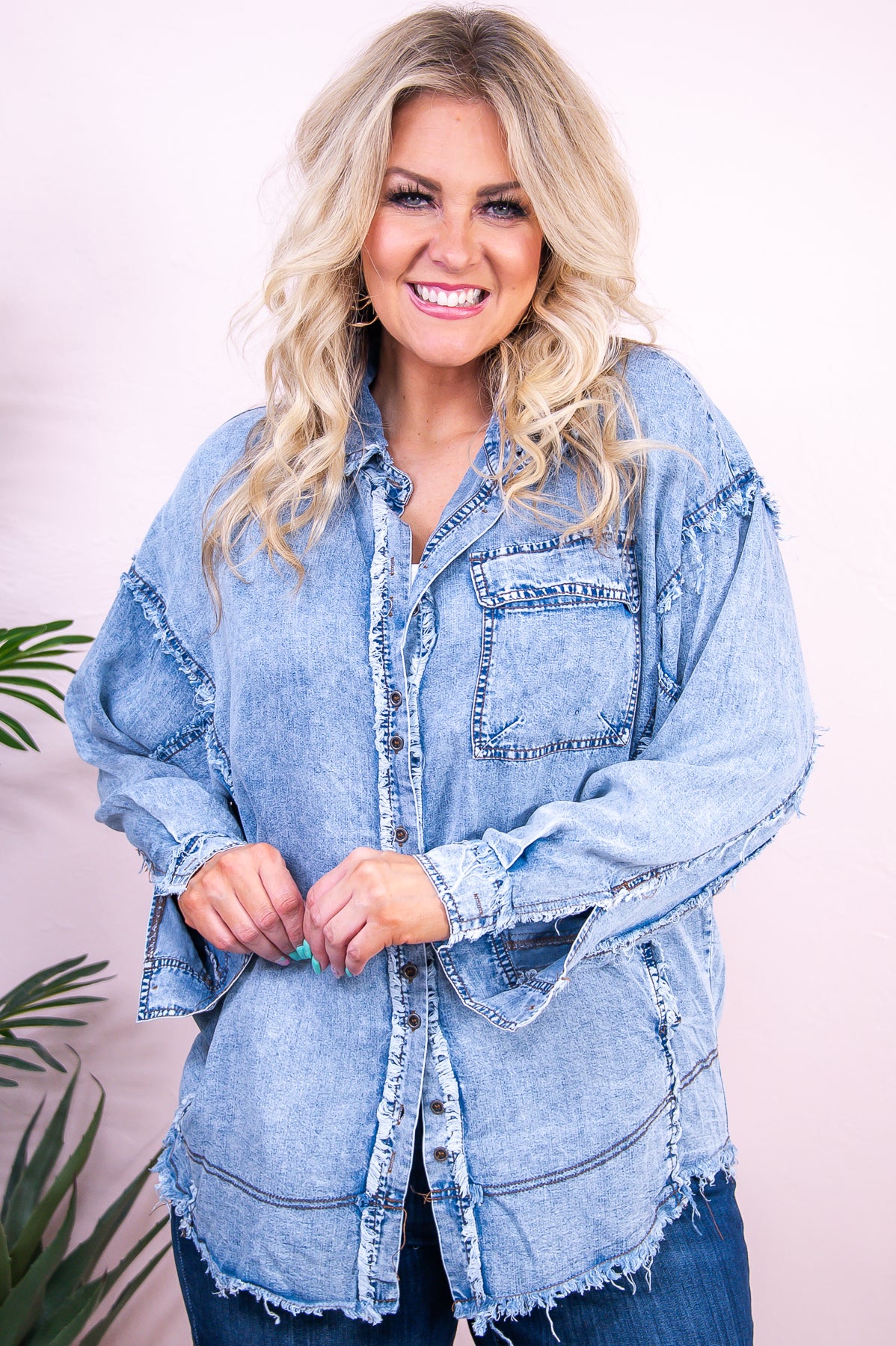 She's One Of A Kind Light Denim Solid Frayed Top - T9502LDN
