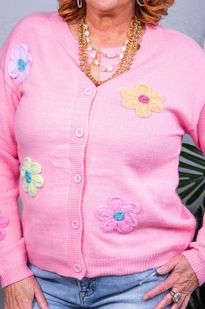 Living In A Floral Paradise Pink Cute Knitted Floral Cardigan - O5786PK