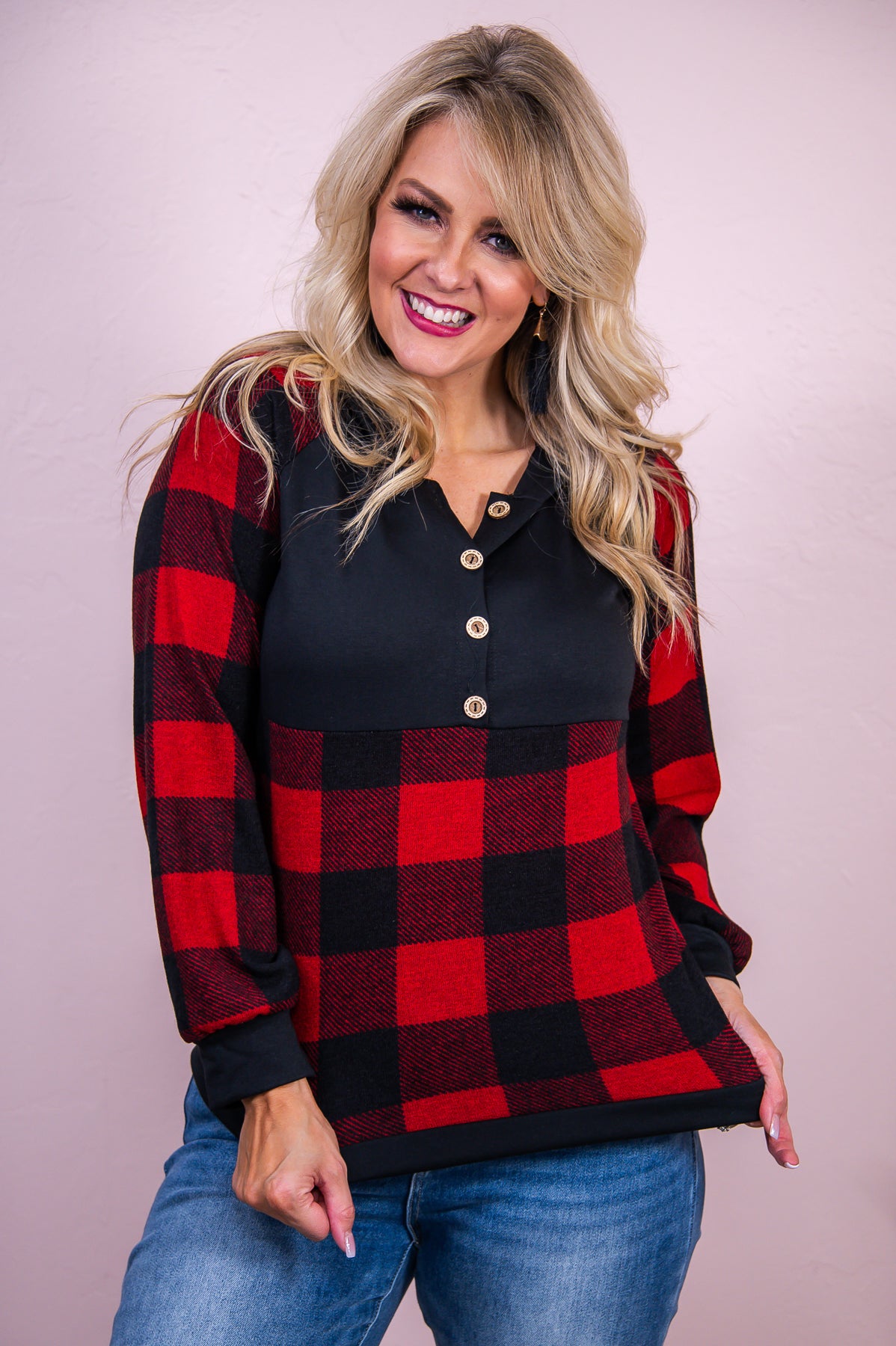 Sensational Style Black/Red Checkered Hooded Top - T8125BK