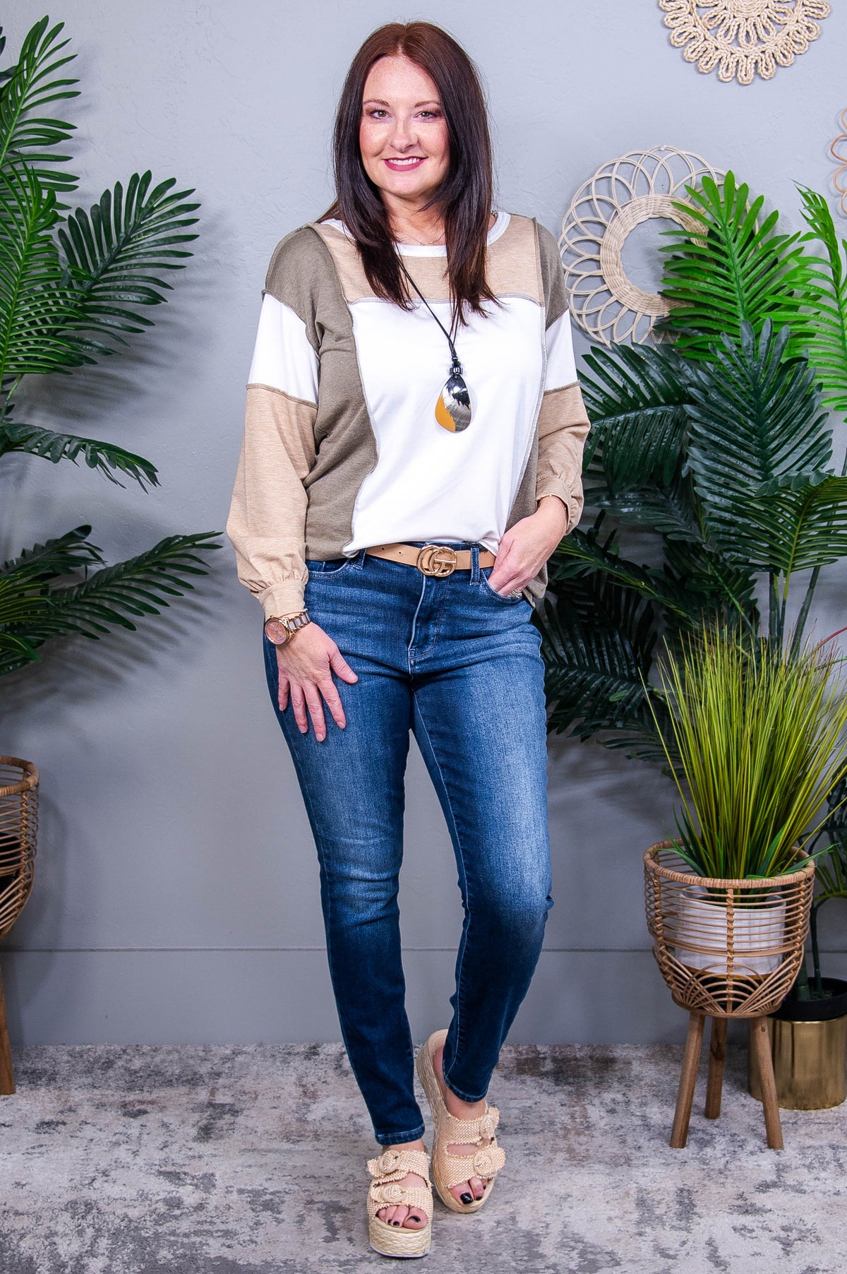 Never Backing Down Khaki Color Block Patchwork Top - T11164KH