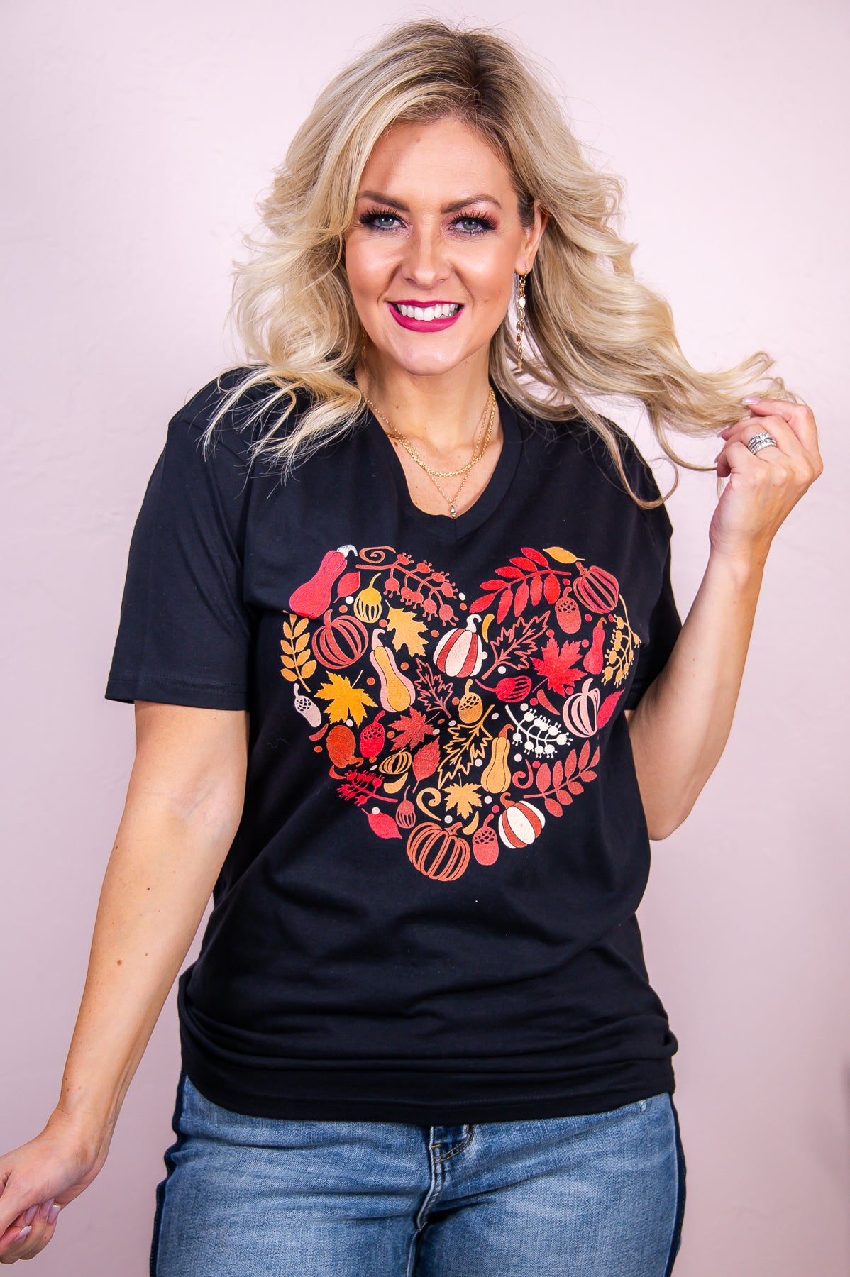 In Love With Fall Black Fall Heart Graphic Tee - A2991BK