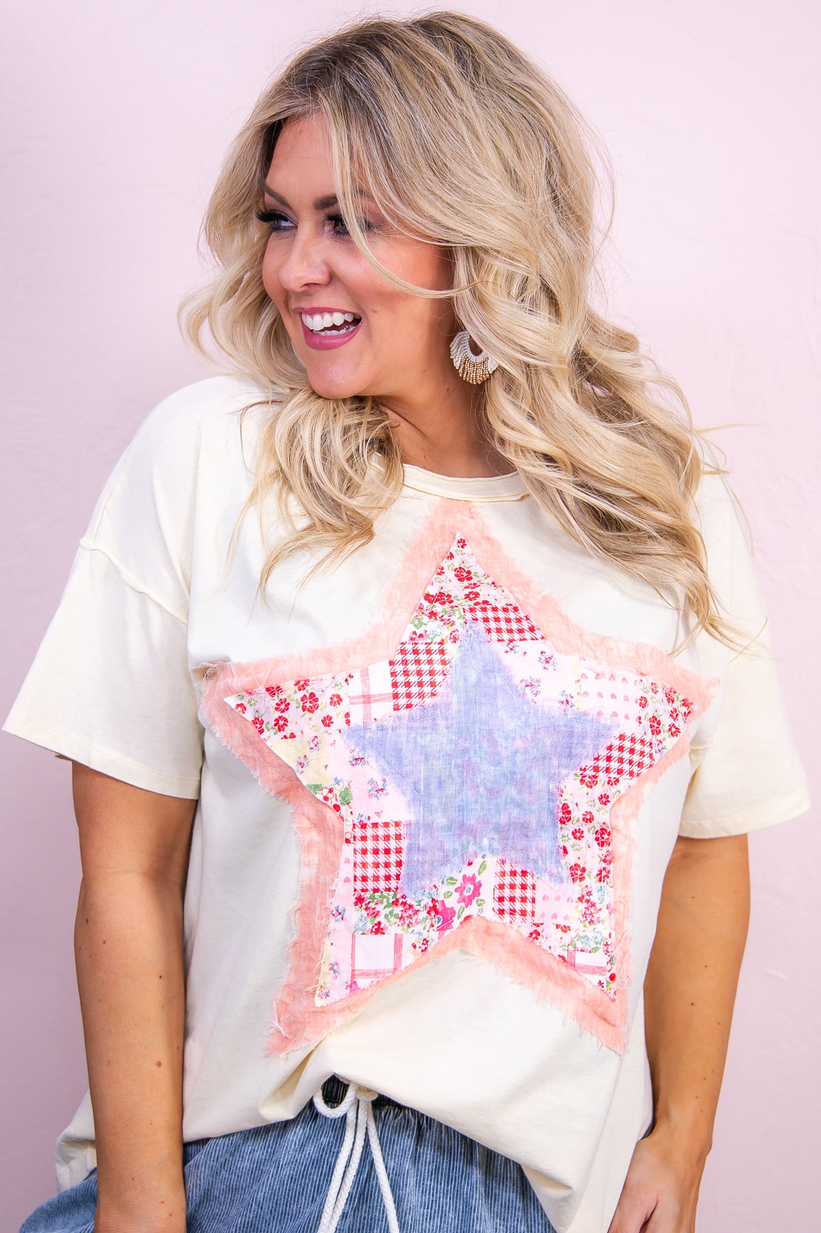 Find Your Bliss Ivory/Multi Color Floral Star Patchwork Top - T9558IV