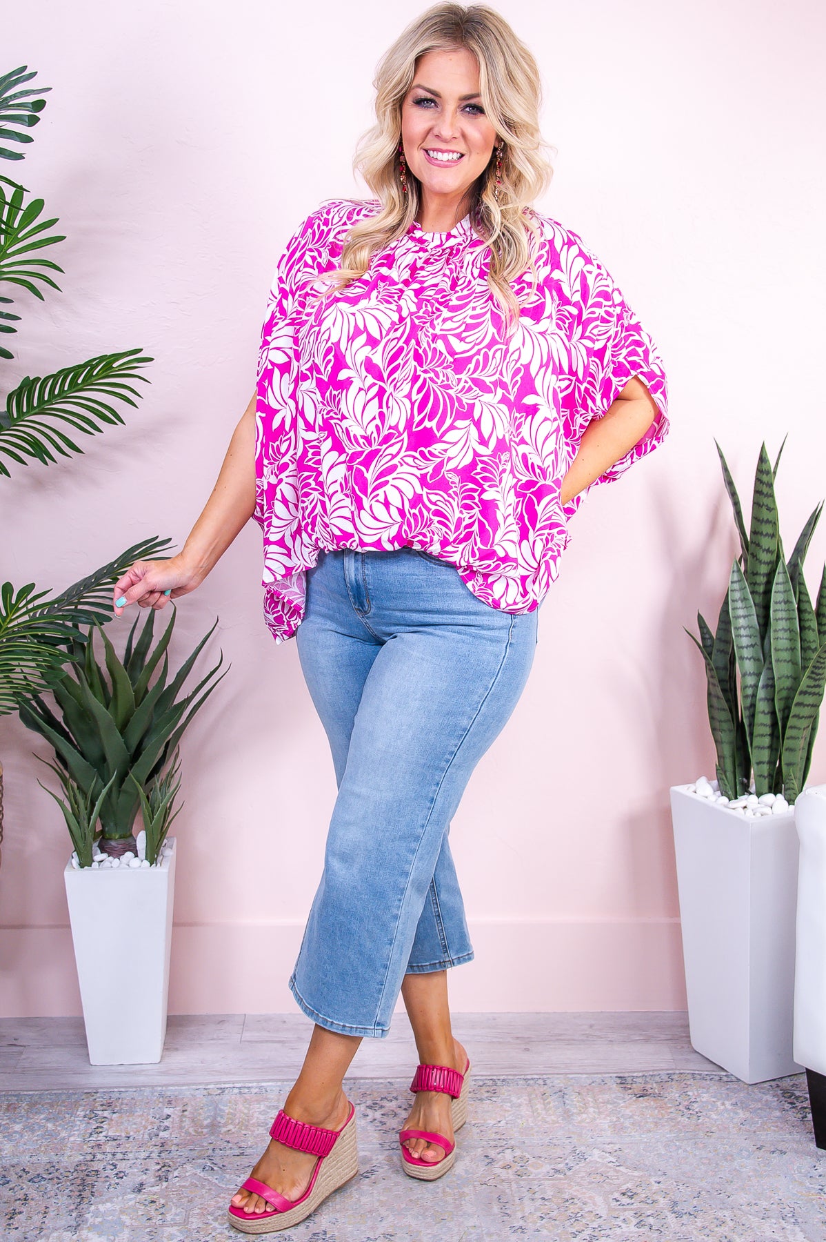 At The Harbor Hot Pink/White Floral Asymmetrical Top - T9556HPK