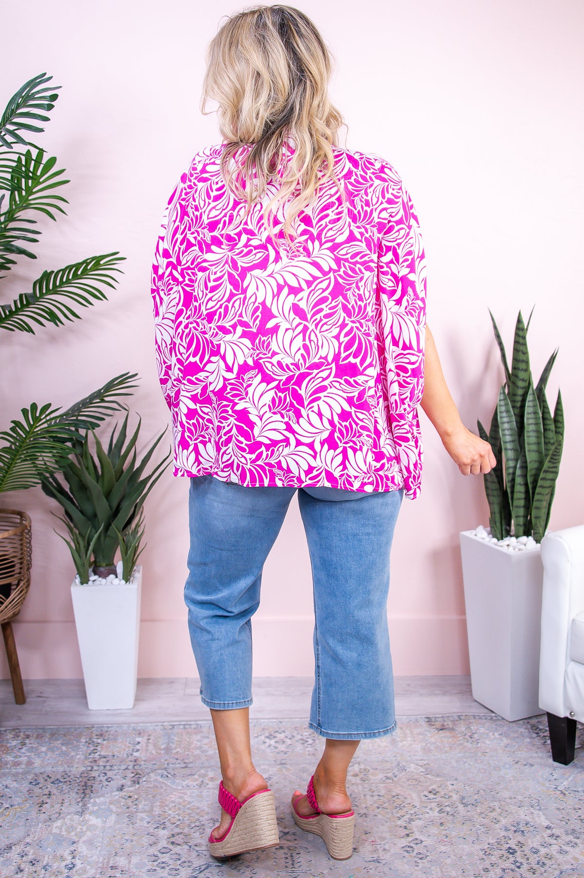 At The Harbor Hot Pink/White Floral Asymmetrical Top - T9556HPK