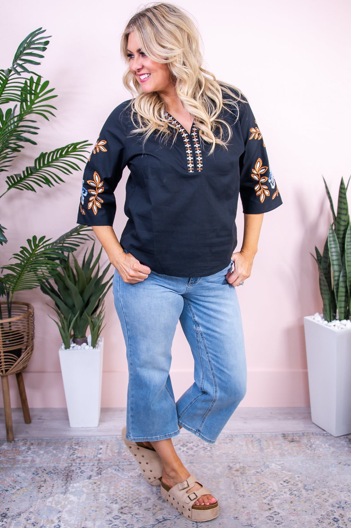 Best Day Yet Black/Brown Floral Embroidered Top - T9547BK