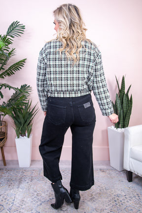 Fashionably Bundled Up Black/White/Green Plaid Jacket - O5255BK