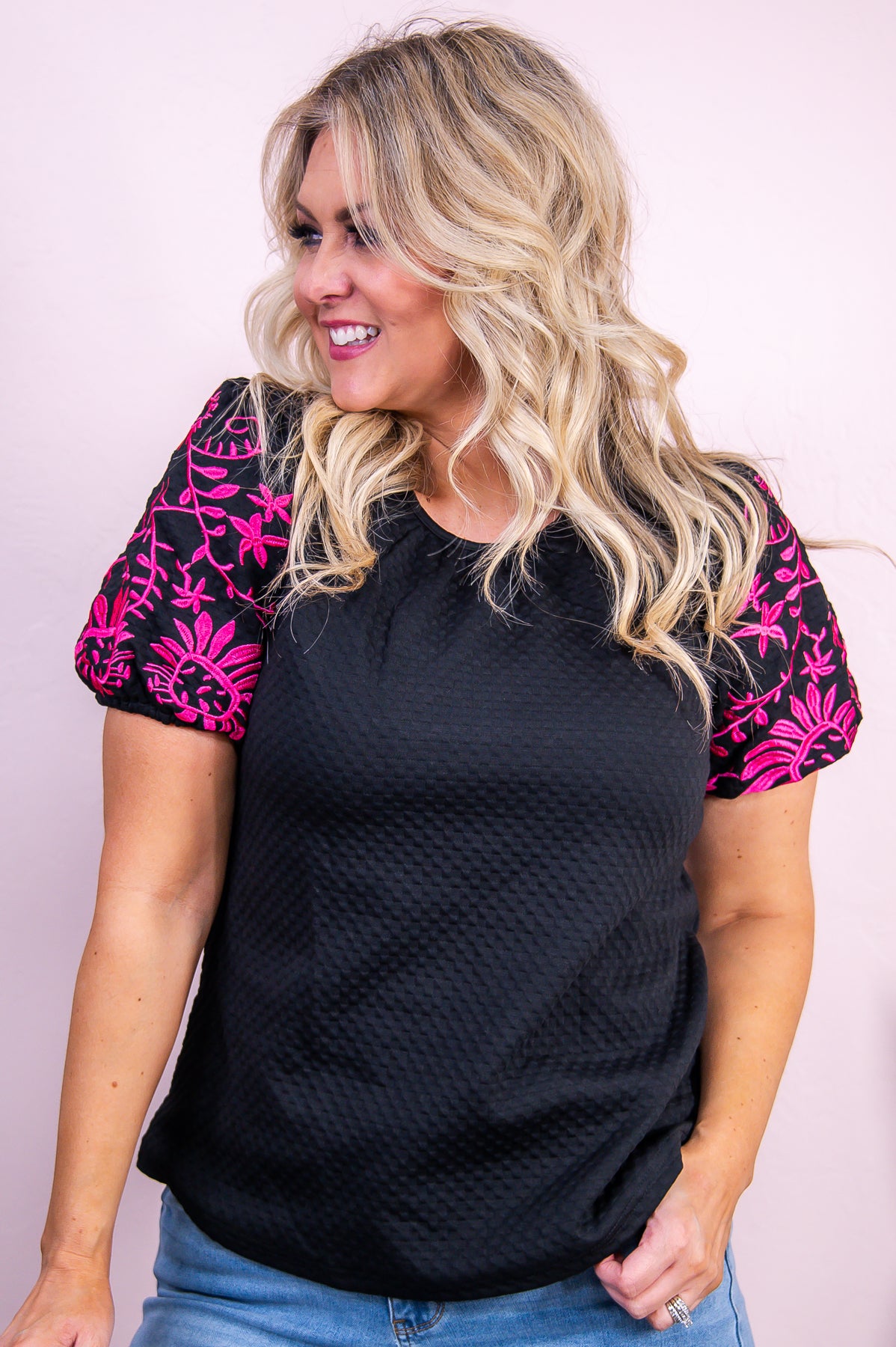 Bring The Pixie Dust Black/Hot Pink Floral Embroidered Top - T9528BK