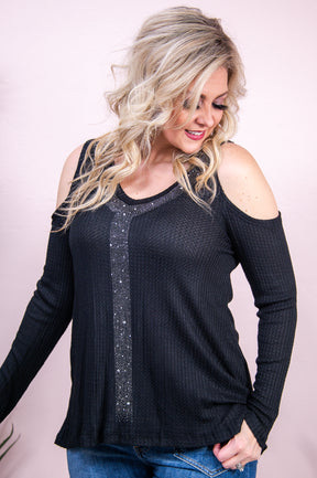 Own The Spotlight Black Bling Open Shoulder Top - T8769BK