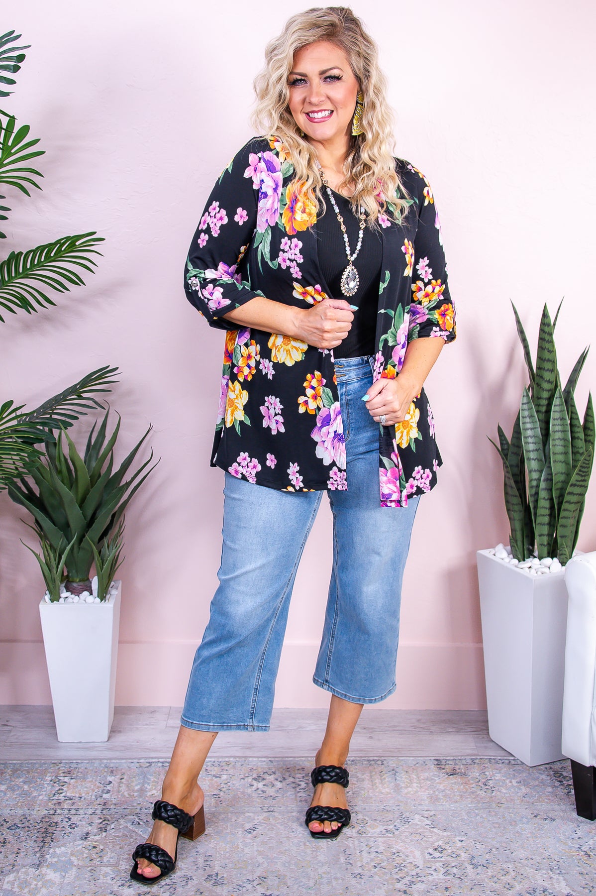A Day Downtown Black/Pink Floral Cardigan - O5430BK