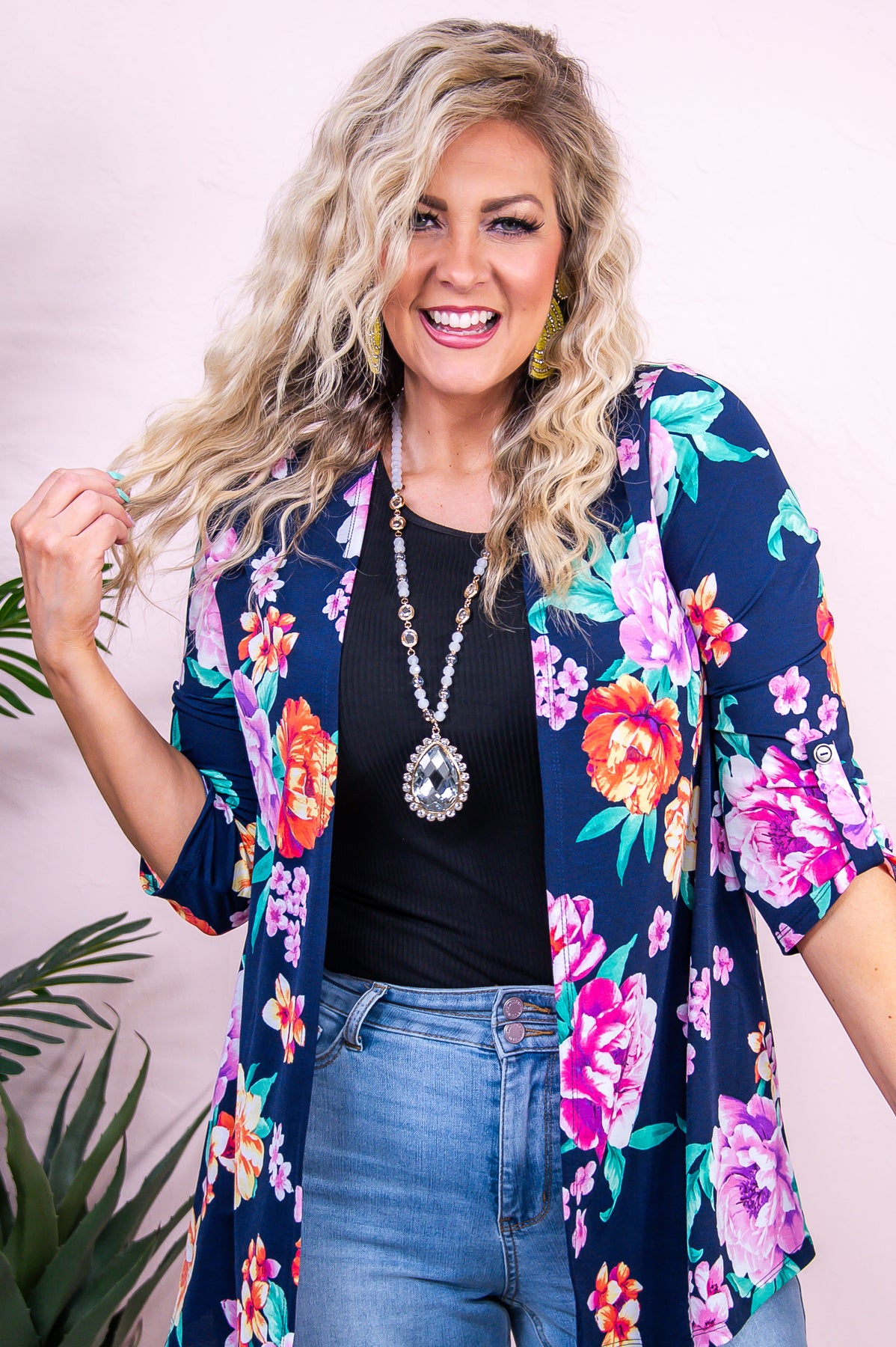 A Day Downtown Navy/Orange Floral Cardigan - O5428NV