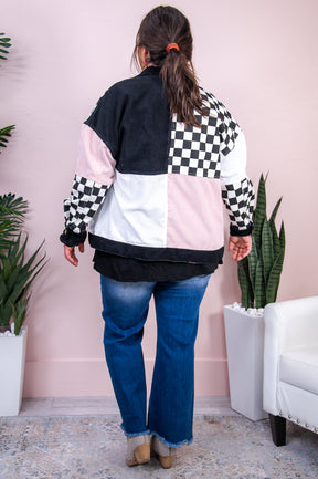 Check Her Style Out Pink/Black/White Checkered Corduroy/Denim Jacket - O5250PK