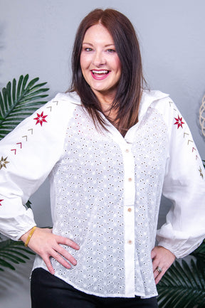 Chic And Sleek Floral Embroidered Puff Sleeve Eyelet Patchwork Top - T11022WH