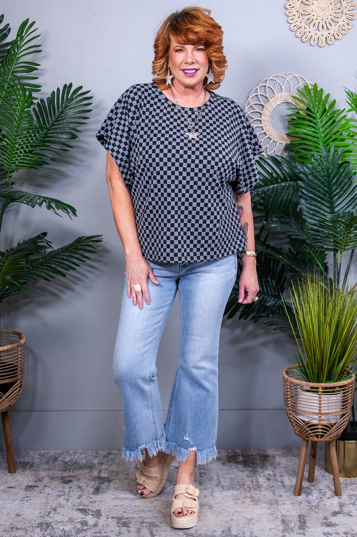 Check Your Vibe Black Checkered Top T11254BK