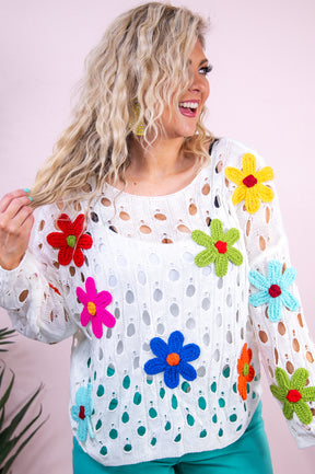 Let's Root For Each Other White/Multi Color Floral Knitted Top - T9545OW